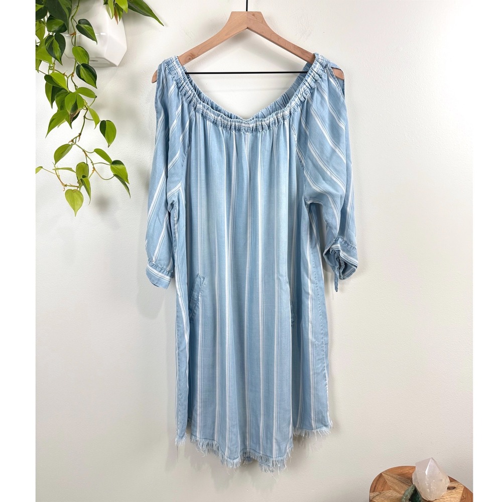 Standard Grace Blue White Lyocell Off Shoulder Shift Dress XL Boho Coastal Beach